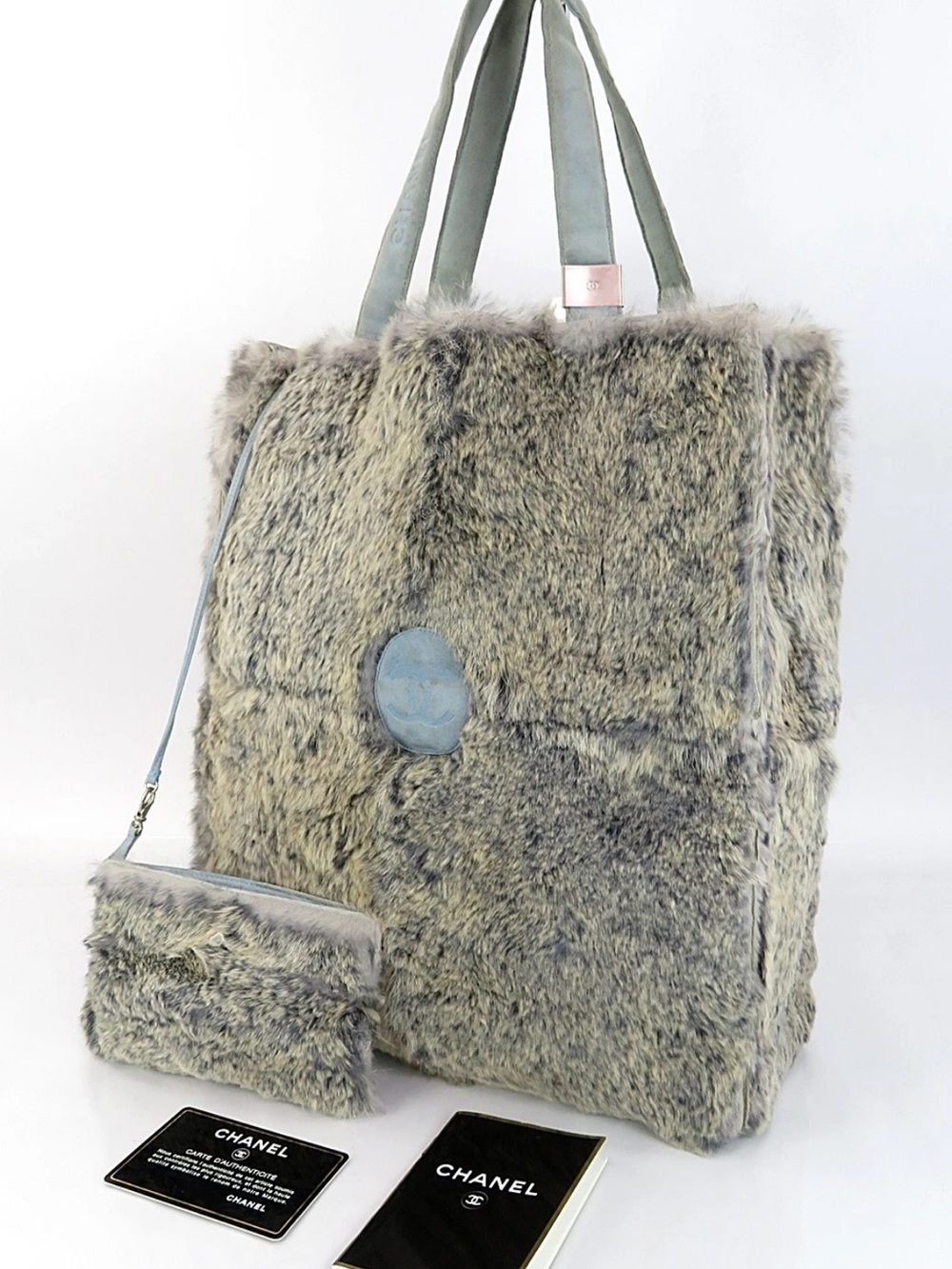CHANEL Plush Fur Tote Bag in Light Gray with Matching Wristlet